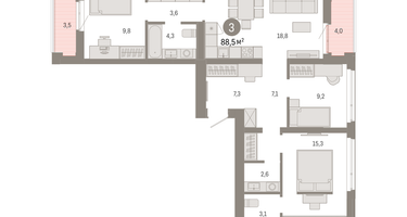 3-к. квартира, 88 м²