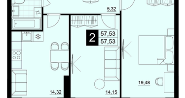 2-к. квартира, 57&nbsp;м²
