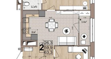 2-к. квартира, 63 м²