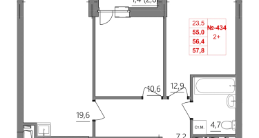 2-к. квартира, 56&nbsp;м²