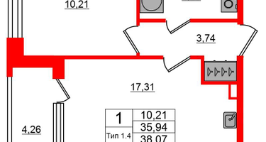 1-к. квартира, 35&nbsp;м²