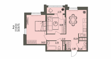2-к. квартира, 51&nbsp;м²