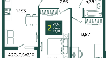 2-к. квартира, 59&nbsp;м²
