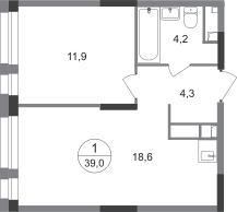 1-к. квартира, 39&nbsp;м²