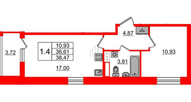 1-к. квартира, 36&nbsp;м²