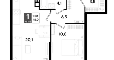 1-к. квартира, 45 м²