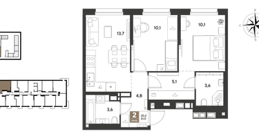 2-к. квартира, 51&nbsp;м²