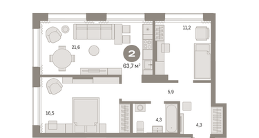 2-к. квартира, 63 м²