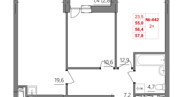 2-к. квартира, 56 м²