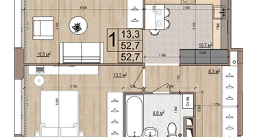 1-к. квартира, 52&nbsp;м²