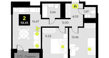 2-к. квартира, 58 м²