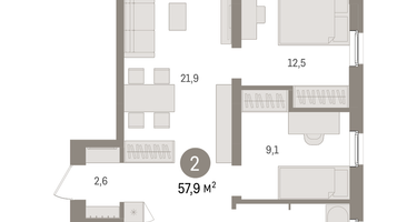 2-к. квартира, 57 м²