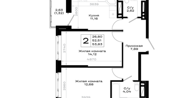 2-к. квартира, 53&nbsp;м²