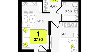 1-к. квартира, 37&nbsp;м²