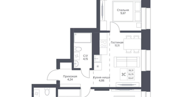 3-к. квартира, 59&nbsp;м²