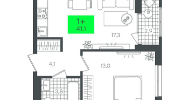 1-к. квартира, 41 м²