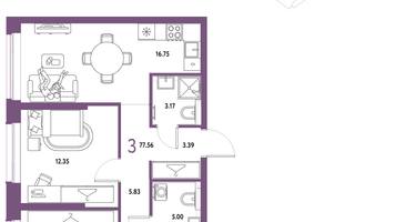 3-к. квартира, 77&nbsp;м²