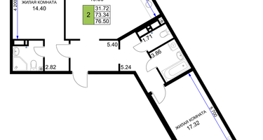 2-к. квартира, 76&nbsp;м²