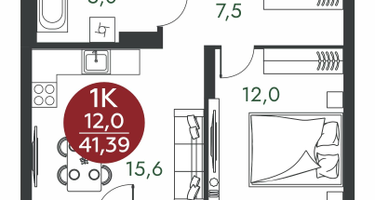 1-к. квартира, 41&nbsp;м²