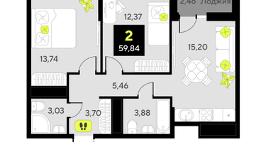 2-к. квартира, 59 м²