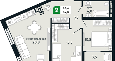 2-к. квартира, 59&nbsp;м²
