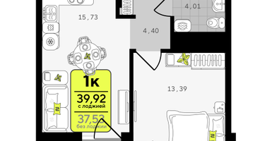 1-к. квартира, 39 м²