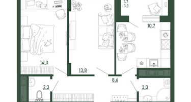 2-к. квартира, 54 м²