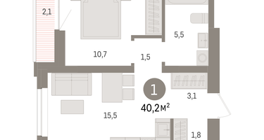 1-к. квартира, 40&nbsp;м²