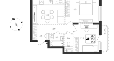 3-к. квартира, 54&nbsp;м²