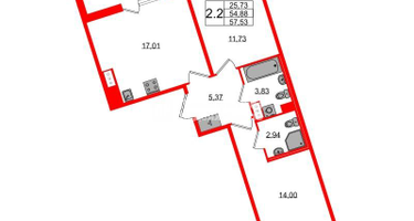2-к. квартира, 54&nbsp;м²