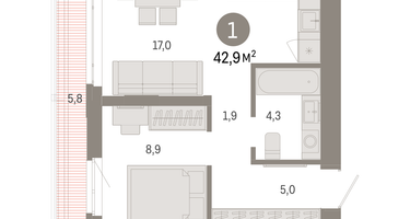 1-к. квартира, 43&nbsp;м²