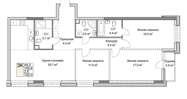 3-к. квартира, 102 м²