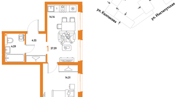 1-к. квартира, 37&nbsp;м²