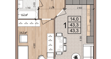 1-к. квартира, 43&nbsp;м²