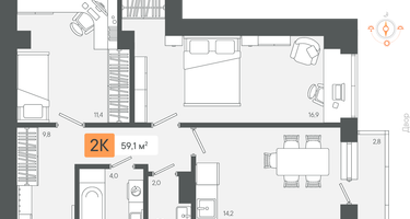 2-к. квартира, 59&nbsp;м²