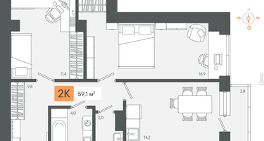 2-к. квартира, 59&nbsp;м²