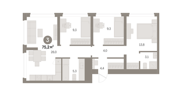 3-к. квартира, 75&nbsp;м²