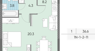 1-к. квартира, 36 м²