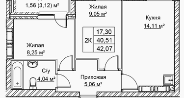 2-к. квартира, 42&nbsp;м²