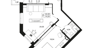 2-к. квартира, 74 м²