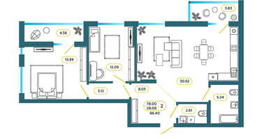 2-к. квартира, 86&nbsp;м²