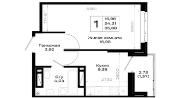 1-к. квартира, 35 м²