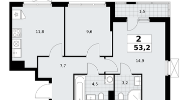 2-к. квартира, 53&nbsp;м²