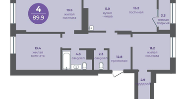 4-к. квартира, 89 м²