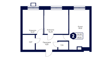 2-к. квартира, 59&nbsp;м²