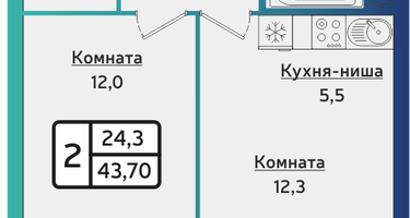 2-к. квартира, 43&nbsp;м²