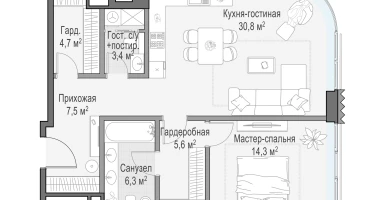 1-к. квартира, 74&nbsp;м²