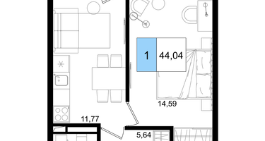 2-к. квартира, 44&nbsp;м²