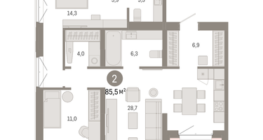2-к. квартира, 85 м²