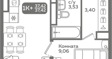 1-к. квартира, 37&nbsp;м²